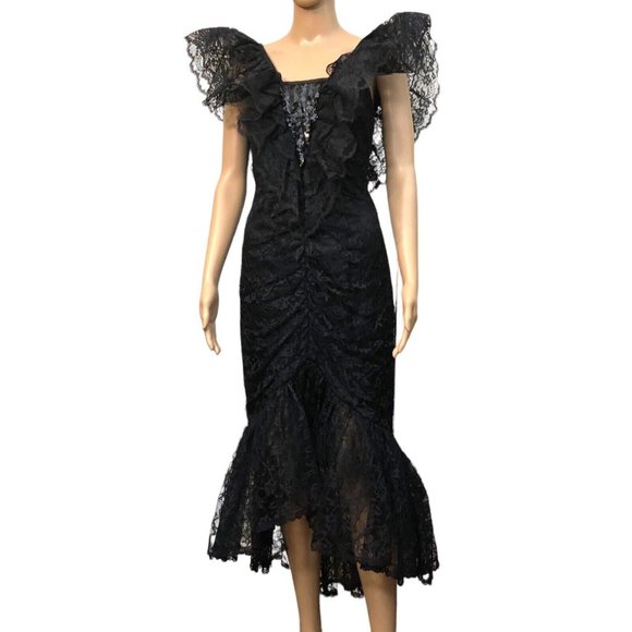 SOLD Vintage 80s Gothic Princess Black Lace Tulle Mermaid Cocktail Formal Dress - Picture 3 of 14
